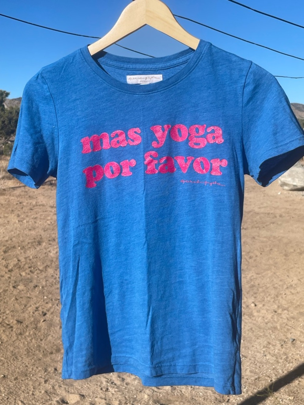 Spiritual Gangster Blue Tee with Pink 'mas yoga por favor' Graphic